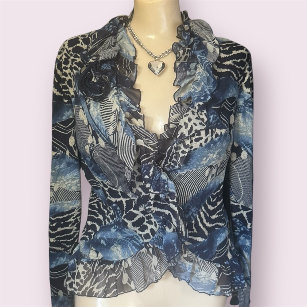 Vintage 90s Blue and black mesh long sleeve blazer jacket top by Alberto Makali - Picture 1 of 11